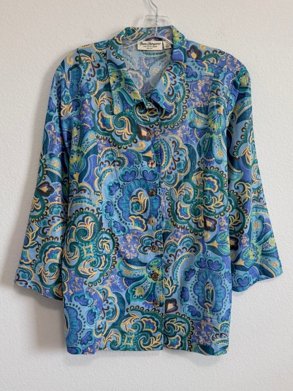 Norm Thompson 3/4 Sleeve Button Up Floral Paisley Silver Shimmer Shirt Size L